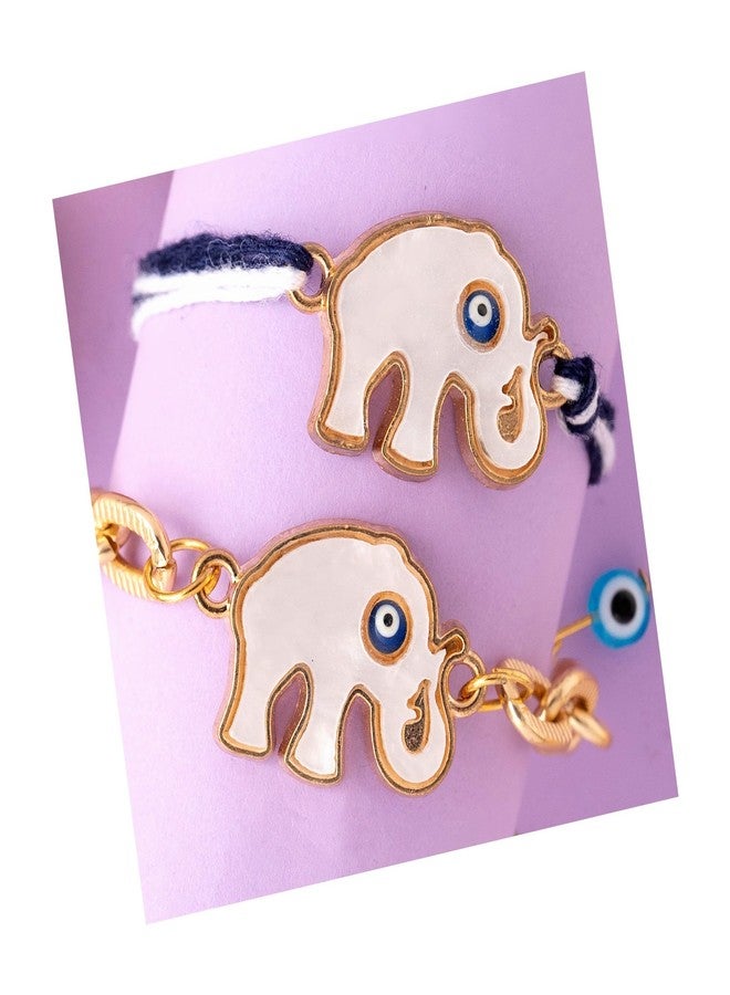 DECORATIVE BUCKETS Rakhi for kids |Sibling rakhi |Rakhi combo |rakhi for brother kids|rakhi for sister| |kids rakhi |rakhi for boys |evil eye rakhi| elephant rakhi| (ELEPHANT EVIL EYE PAIR RAKHI) - Image 1